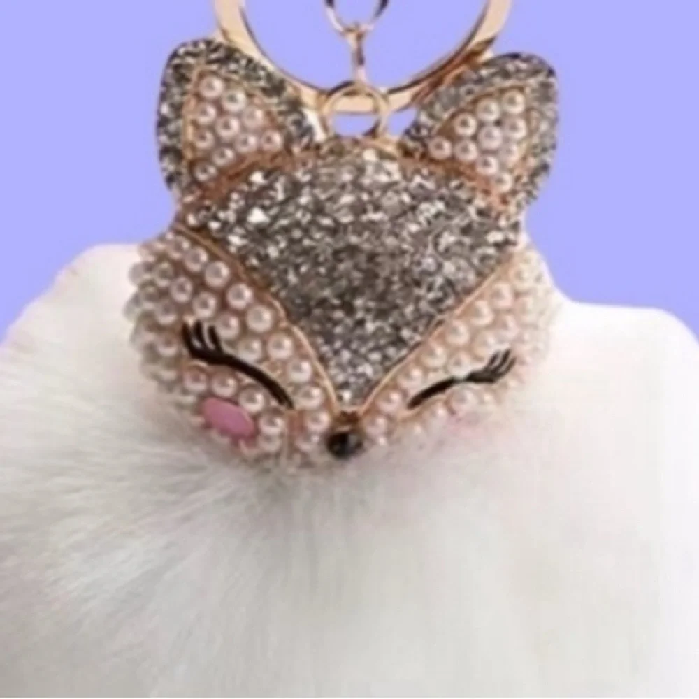 Fluffy Fox White and Gold Pom Rhinestone Bag Charm Key Chain - Picture 1 of 3